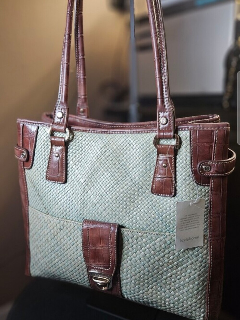 Liz Claiborne Soft Green Woven Tote with Croc Embossed Leather Trim